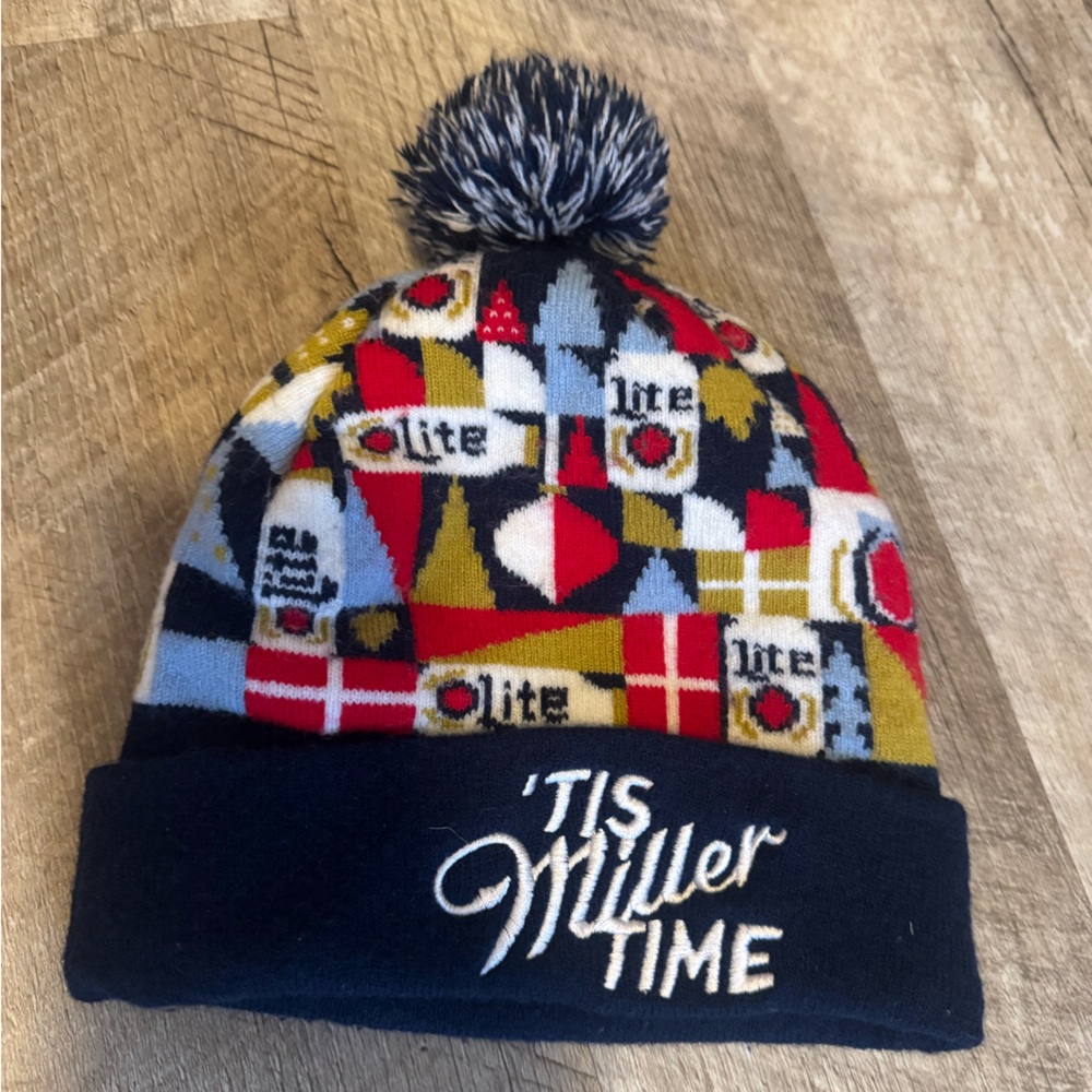 ‘Tis Miller Time winter knit hat, stitched lettering, great condition
